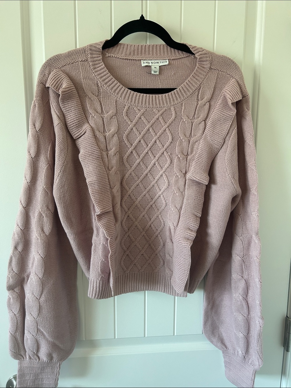 And Now This Blush Pink Cable Ruffle Crewneck Sweater